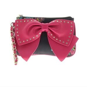Betsey Johnson Pink and Black Bow Clutch